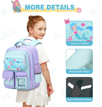 3PCS School Backpack for Girls, Kids Backpack for Girls with Lunch Box Pencil Case, Cute Kawaii Mermaid Backpack for Girls, Schoolbag Bookbag for Kindergarten Elementary Middle High School
