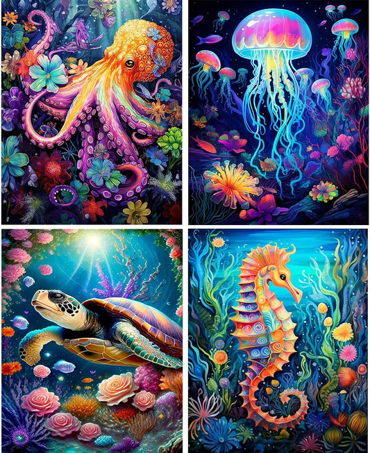 4 Pack Sea Animals Diamond Painting Kits for Adults, 5D Diamond Art Kits for Beginner DIY Full Drill Diamond Dots Crystal Craft Kits for Home Wall Decor Gifts 11.8X15.7 Inch