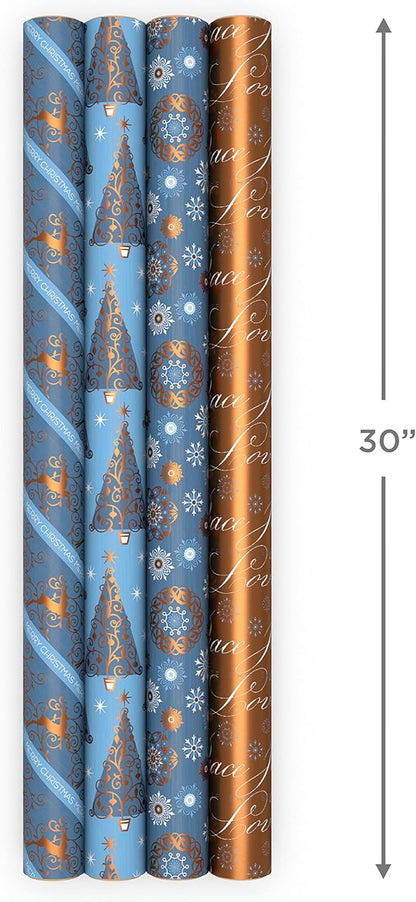 Reversible Christmas Wrapping Paper Bundle, Elegant Blue and Gold (4 Rolls: 150 Sq. Ft. Ttl.) Dark Blue, Gold, Teal Snowflakes, Peace, Stripes, Geometric