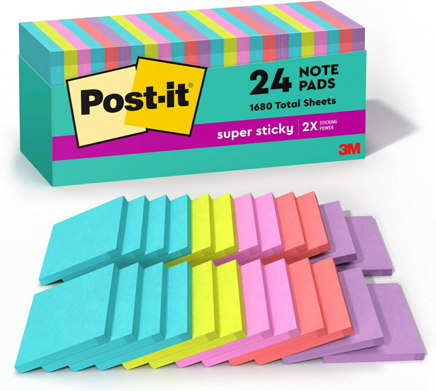 Super Sticky Notes, 76.2 Mm X 76.2 Mm, 24 Pads, 2X the Sticking Power, Supernova Neons, Bright Colors, Recyclable