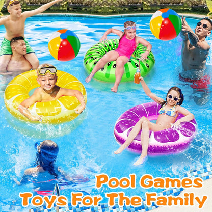 6 Pack Pool Floats Kids, 3 Pcs Inflatable Pool Fruits Swim Tubes Rings & 3 Pcs Rainbow Beach Ball Bulk, Summer Pool Floaties for Kids Adults Swimming Pool Party Float Toy Hawaiian Beach Water Fun Game