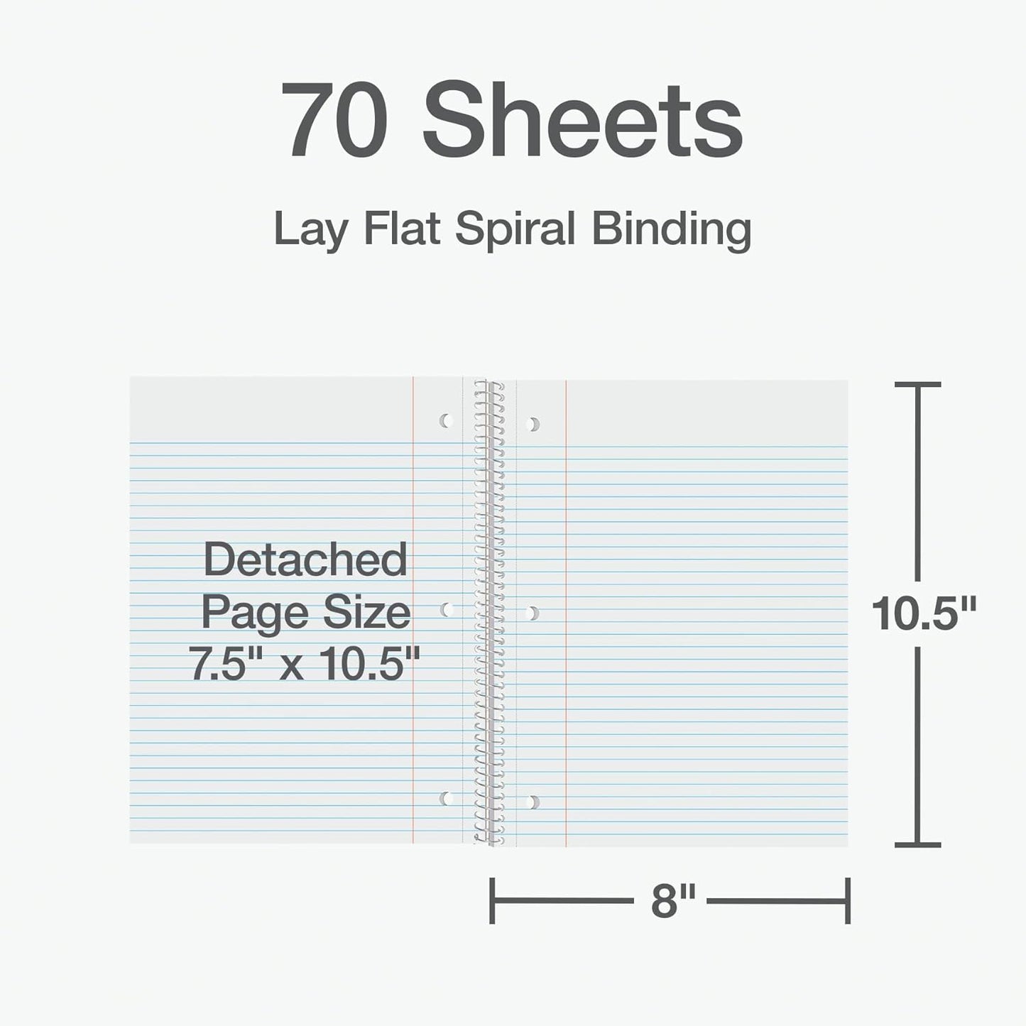 Spiral Notebooks, 1-Subject for School, College Ruled Paper, 70 Sheets, 8 X 10.5 Inches, Assorted Pastel Colors, 3 Pack (1002540)