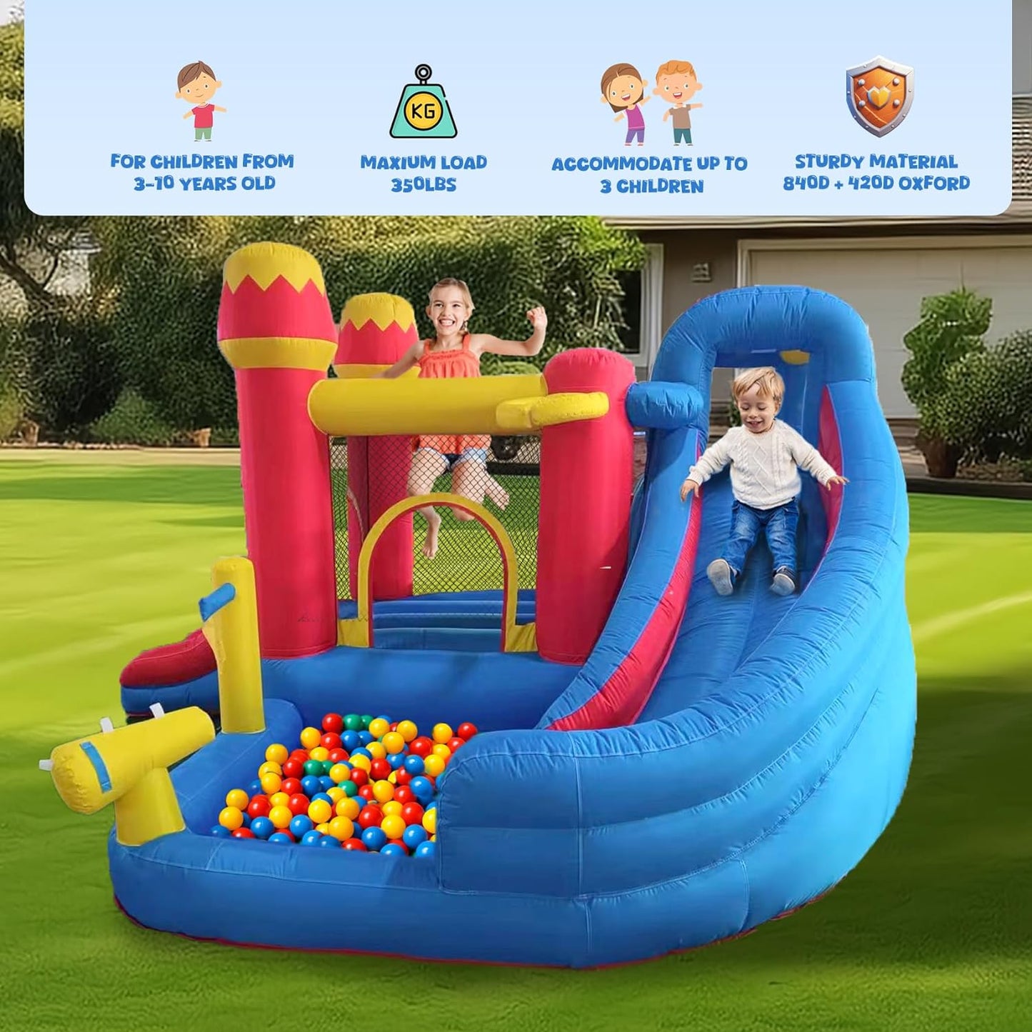 Inflatable Water Slide Bounce House for Kids, 6-In-1 Backyard Water Park with Splash Pool, Climbing Wall, Basketball Hoop, Water Cannon, Air Blower Summer Party Gift