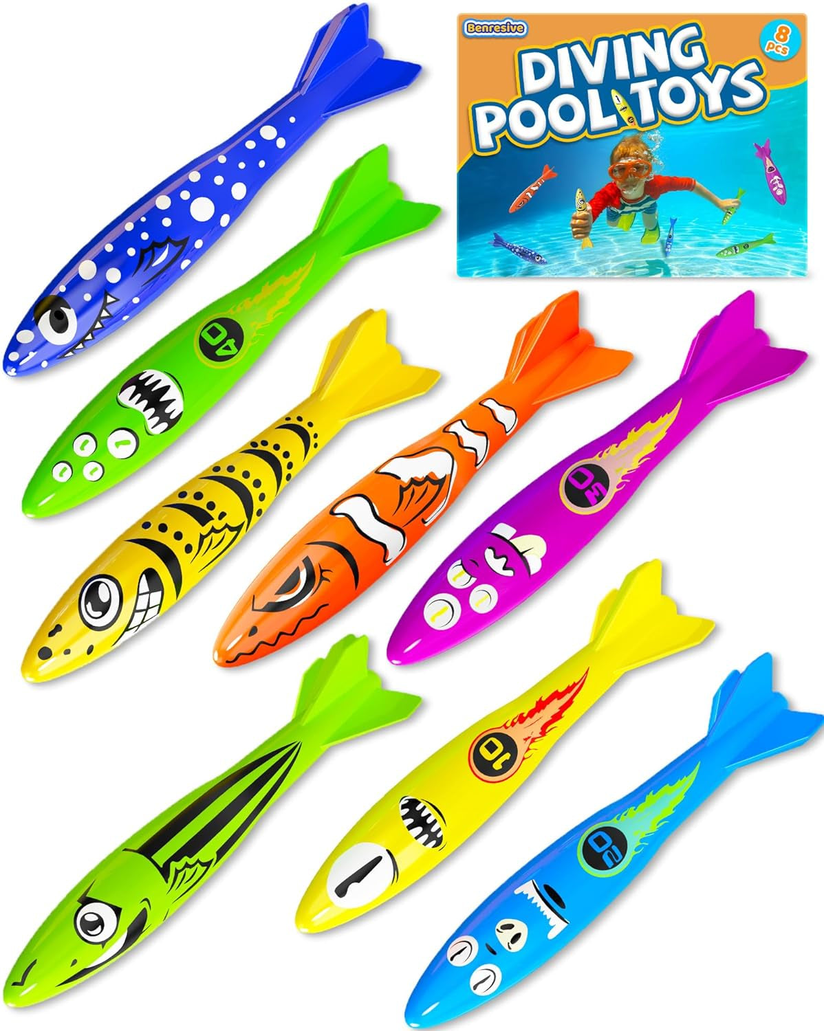 Pool Toys for Kids Ages 4-8, 8 Pcs Diving Toys for Pool for Kids, Summer Swimming Pool Toys, Pool Sinking Torpedoes Toys, Dive Toys for Kids Ages 4-8 8-12