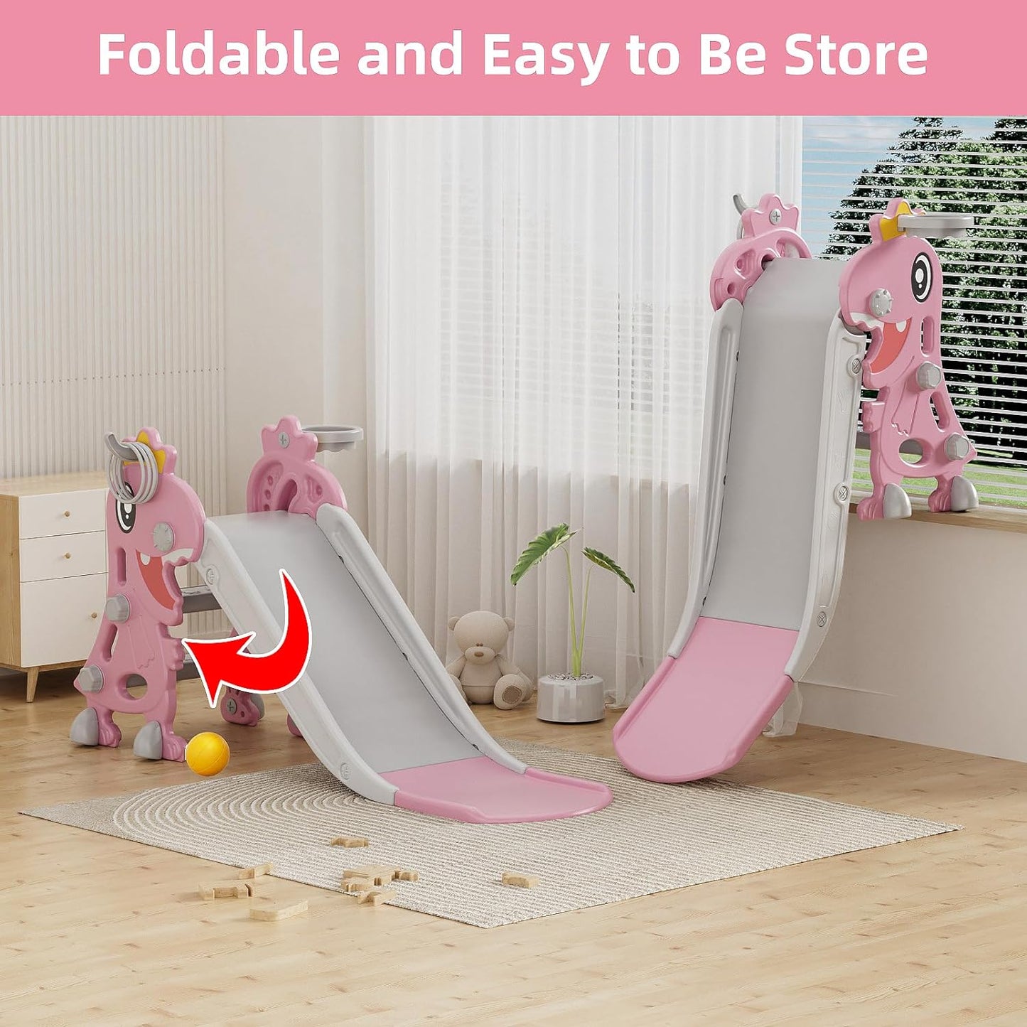 Toddler Slide, 4 in 1 Foldable Indoor Slide for Toddlers Age 1-3, Indoor and Outdoor Playground, Toddler Climber Playset with Basketball Hoop and Ring Toss (Pink)