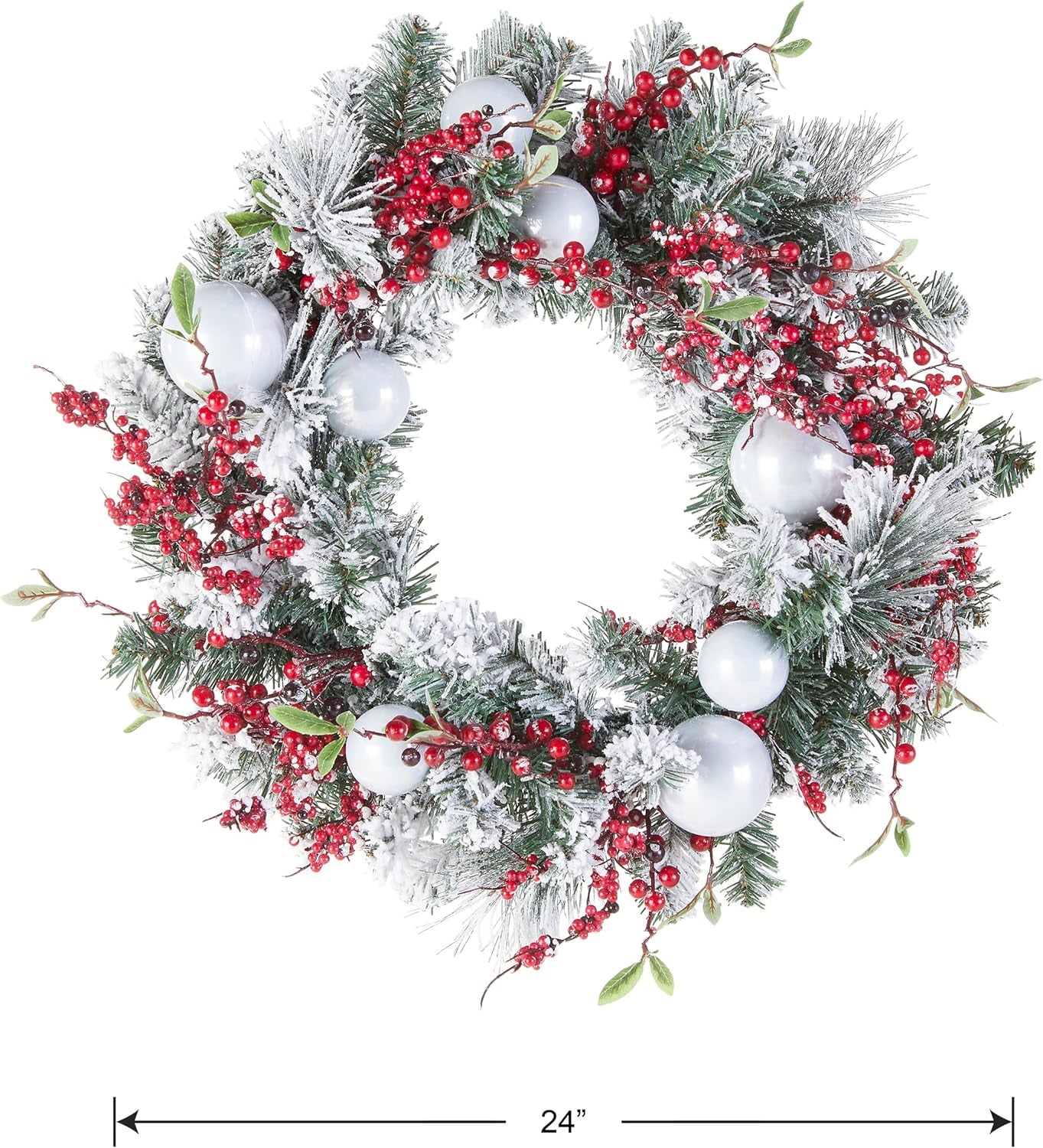 Artificial Christmas Wreath, Green, Evergreen, Decorated with Frosted Branches, Ball Ornaments, Berry Clusters, Christmas Collection, 24 Inches