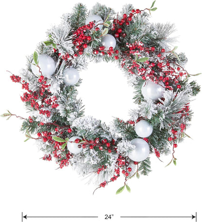 Artificial Christmas Wreath, Green, Evergreen, Decorated with Frosted Branches, Ball Ornaments, Berry Clusters, Christmas Collection, 24 Inches