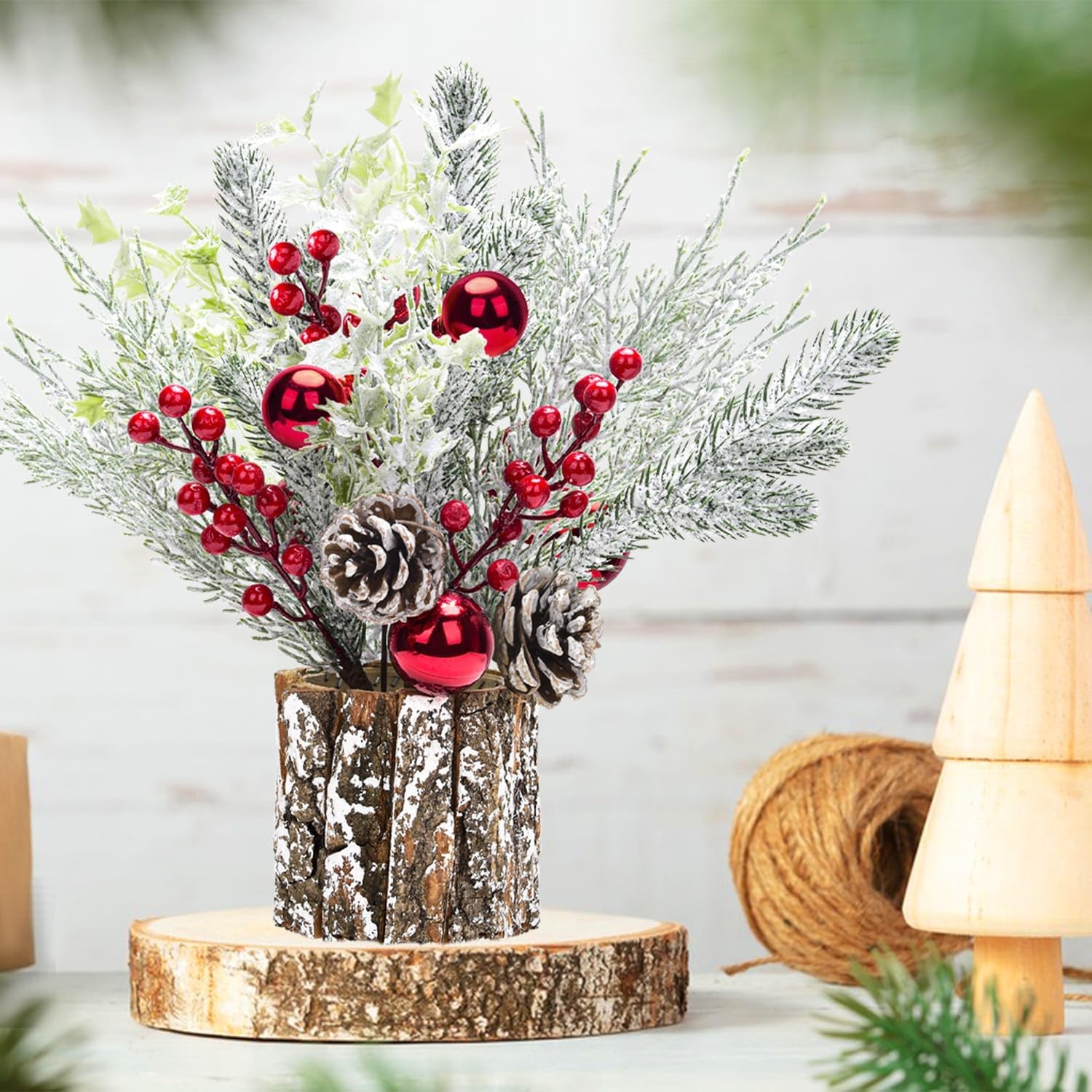 2 Pack Christmas Table Decorations, 14 Inch Christmas Centerpiece Small Potted Christmas Tree with Lights, Pine Cones and Berries, Xmas Artificial Plants for Tables, Home, Mantel Holiday Decor