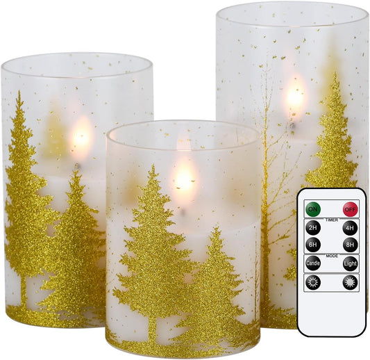 Christmas Tree Glass Flameless Candles with Remote Timer Battery Operated Real Wax 3D Wick LED Flickering Pillar Candles Christmas Holiday Decor(Gold, 3 X 4,5,6 Inch)