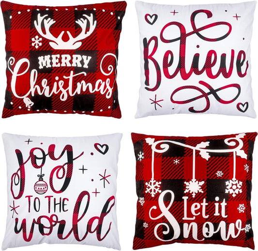 Christmas Pillow Covers 18X18 Set of 4 Winter Throw Pillow Covers Holiday Buffalo Plaid Pillow Covers Merry Christmas Pillows for Couch Sofa Home Decor Xmas Cushion Covers Indoor Decor Thicker