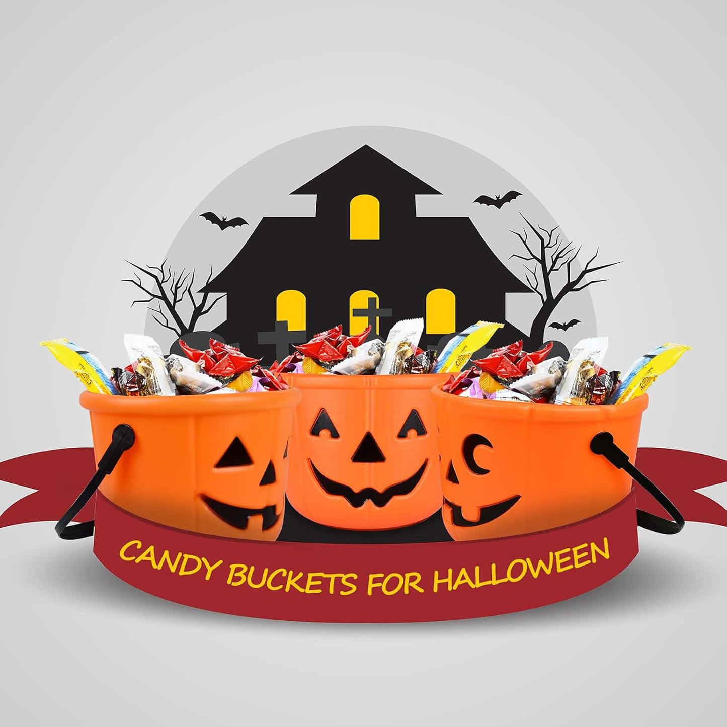 Halloween Pumpkin Bucket, Halloween Trick or Treat Pumpkin Bucket，Large Halloween Candy Buckets with Handle for Party Decor (3Pack)