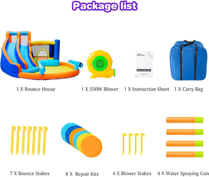 Inflatable Water Slide Bounce House,Giant Water Park, Double Slide Bouncer Castle W/Splash Pool, Jump Area, Climbing Wall, 550W Air Blower for Kids Backyard Indoor Outdoor Use,Free Water Gun