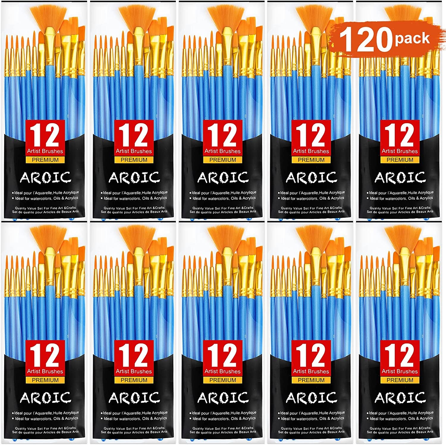 Acrylic Paint Brush Set, 50 Packs / 500 Pcs Nylon Hair Brushes for All Purpose Oil Watercolor Painting Artist Professional Kits