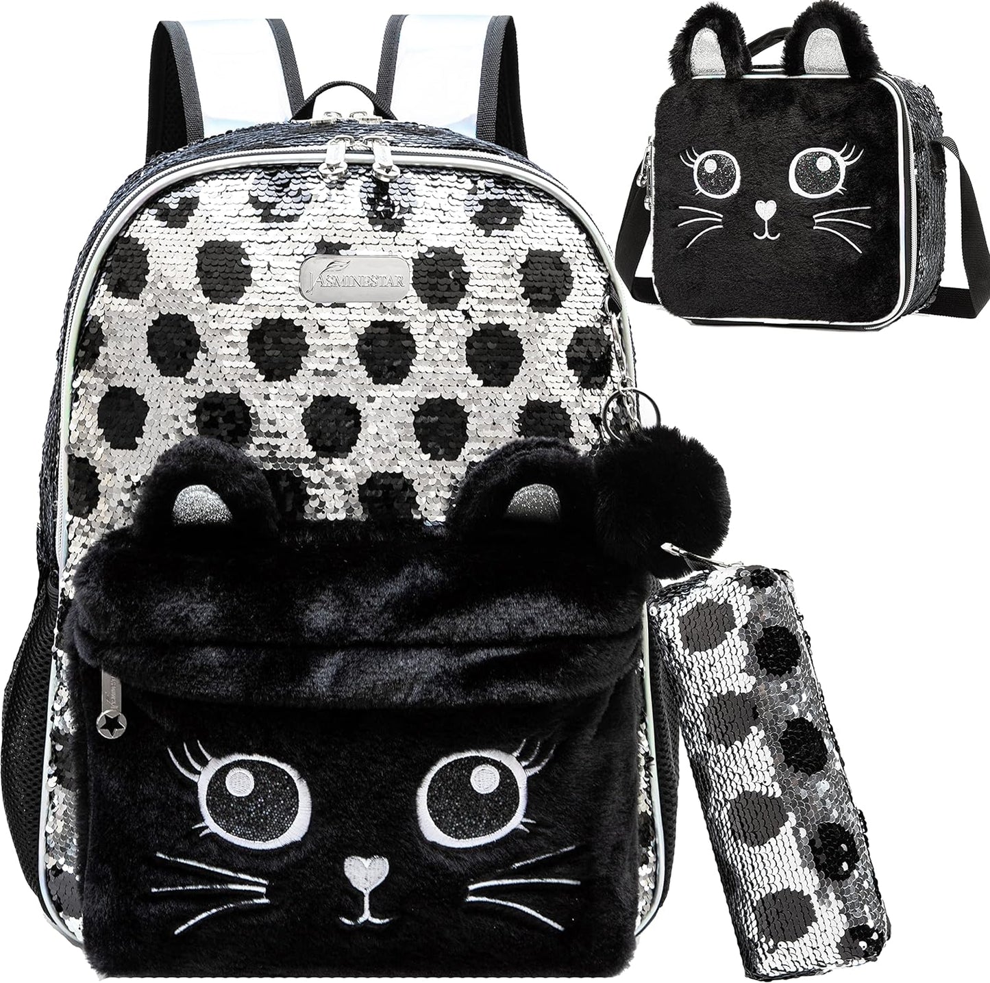 Cute Cat Backpack for Girls Sequin School Backpacks with Lunch Box for Elementary Students Kids Travel Bookbag Set 4 in 1