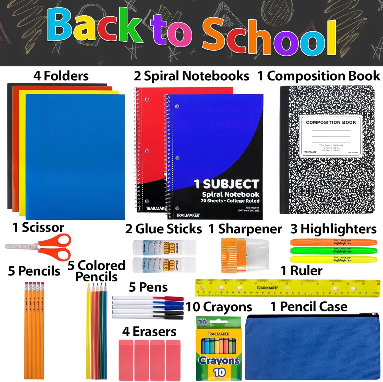 45 Piece School Supply Kit Grades K-12 - School Essentials Includes Folders Notebooks Pencils Pens and Much More!