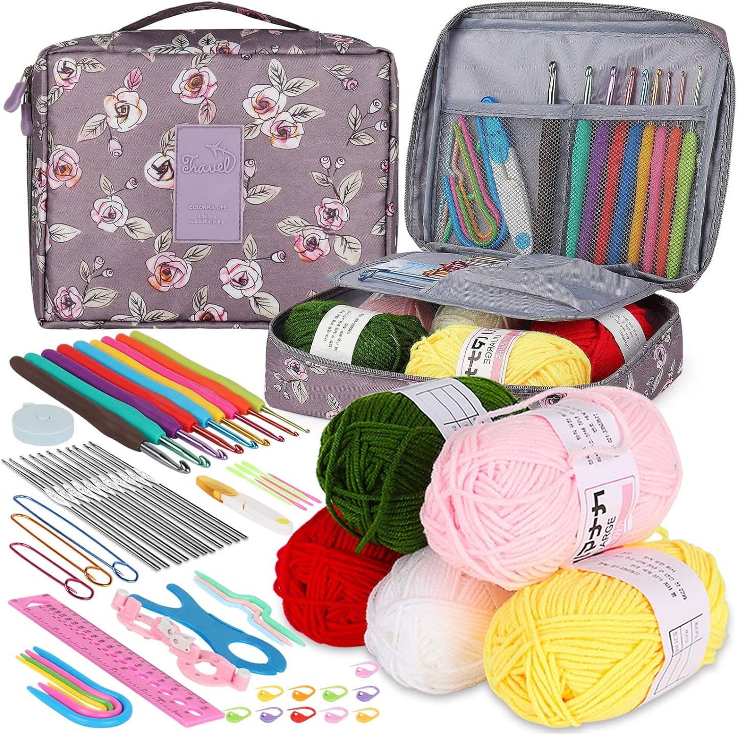 Crochet Kit for Beginners Adults, Crochet Kits Include Yarn, 59Pcs Crochet Starter Kit for Beginners Kids,Ergonomic Crochet Hooks 2.0-6.0 Mm, Lace Steel Needles 0.6-1.9 Mm