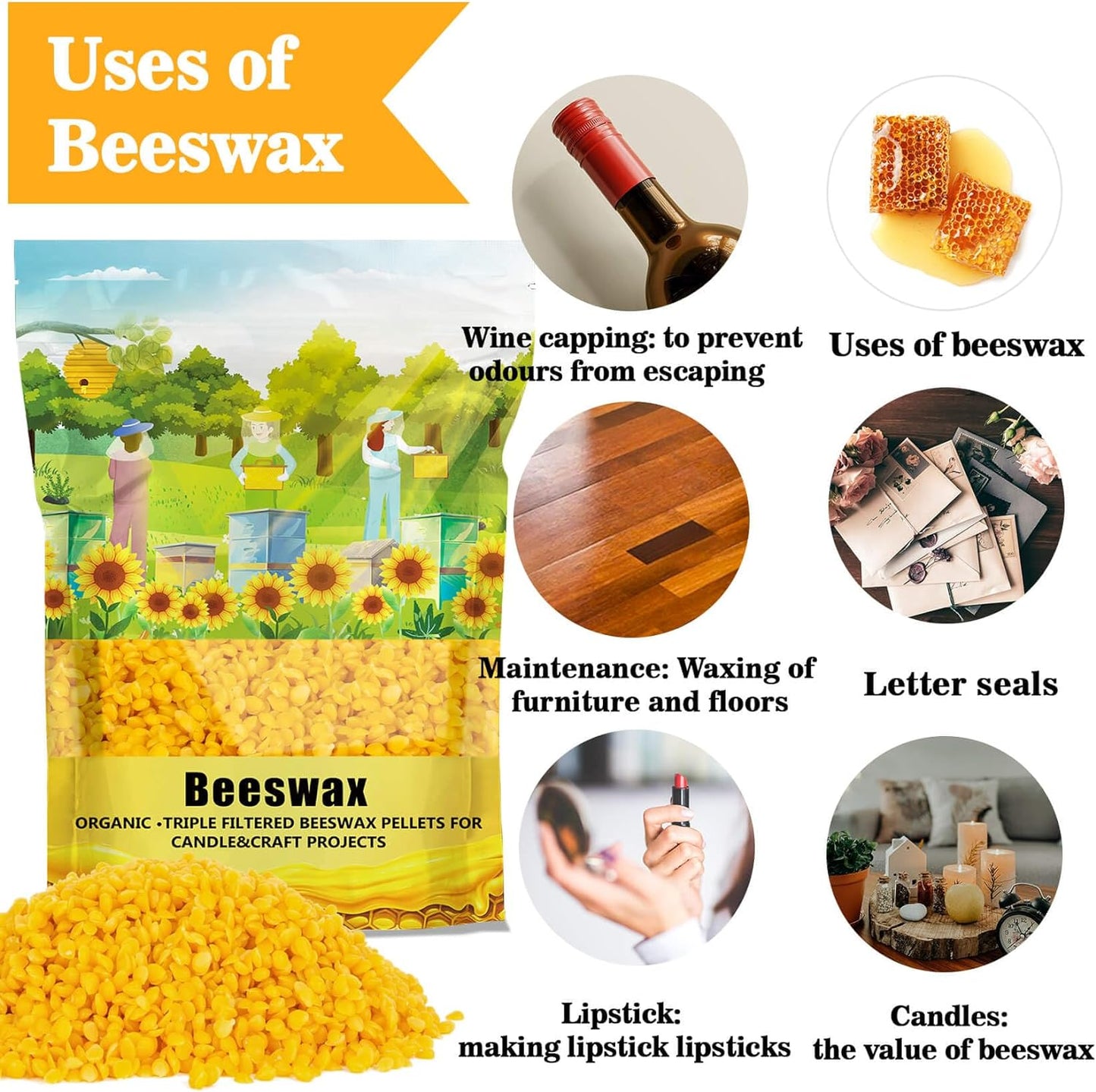 Yellow Natural Beeswax Pellets -  453G Beeswax Pastilles Pure Bulk Bees Wax Pellets Food Grade for DIY Beewax Making Candles Skin Care Lip Balm Soap Lotion (1Lb)