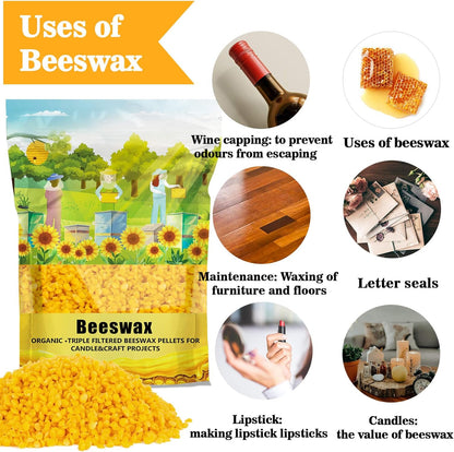 Yellow Natural Beeswax Pellets -  453G Beeswax Pastilles Pure Bulk Bees Wax Pellets Food Grade for DIY Beewax Making Candles Skin Care Lip Balm Soap Lotion (1Lb)