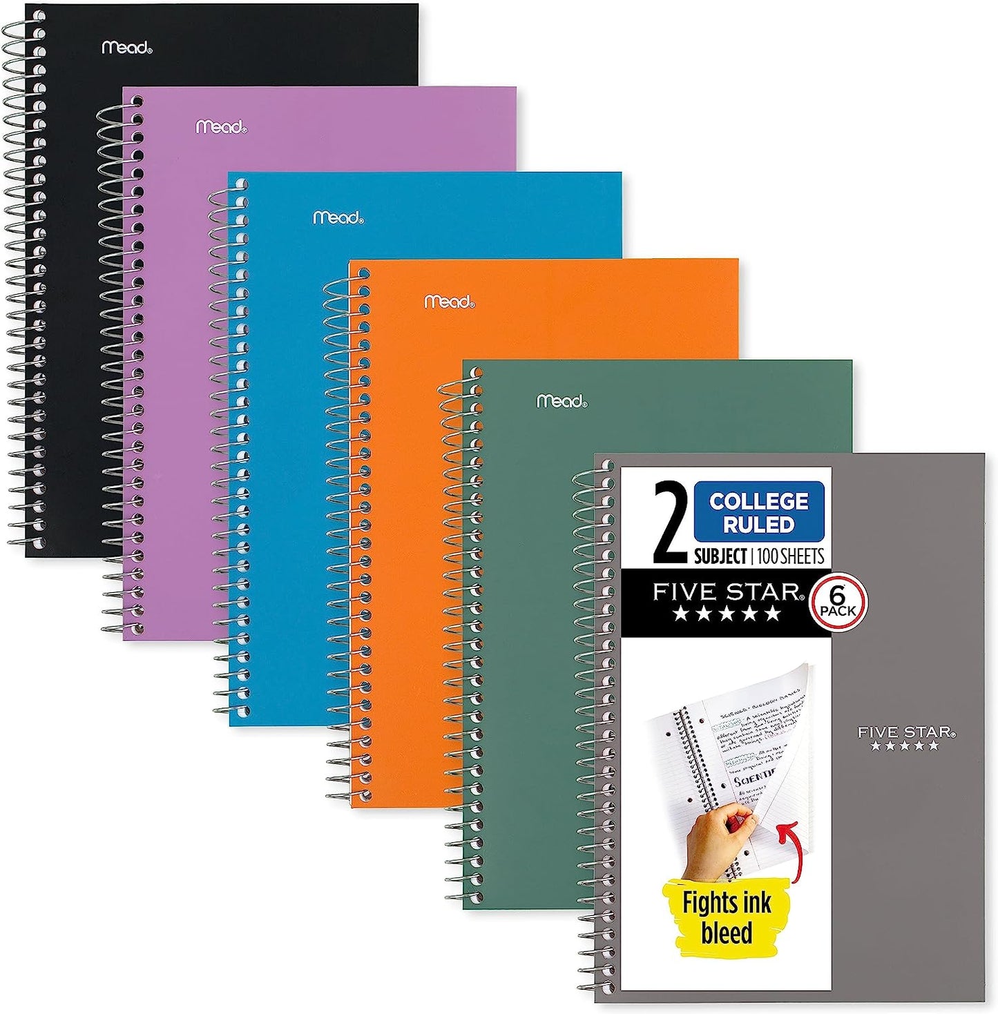 Small Spiral Notebooks, 6 Pack, 2 Subject, College Ruled Paper, 9-1/2" X 6", 100 Sheets, Amethyst Purple, Sedona Orange, Seaglass Green, Tidewater Blue, Gray, Black (73711)