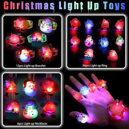 54Pack Christmas Party Favors for Kids Light up Necklace Lighted Rings LED Flash Bracelet Bulk Flashing Light Glow in the Dark Xmas Stocking Stuffers for Christmas Party Supplies