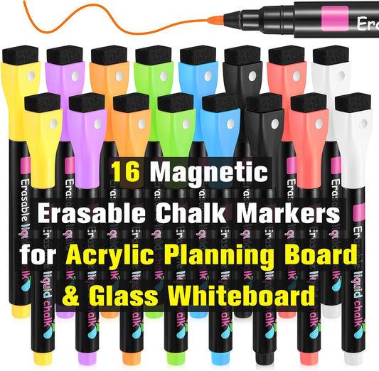 Liquid Chalk Markers Magnetic Wet Erase Markers for Acrylic Calendar Planning Board Clear Glass Writing Board Whiteboard Window/Mirror, 16 Pack, 8 Vibrant Color, 1Mm Fine Tip