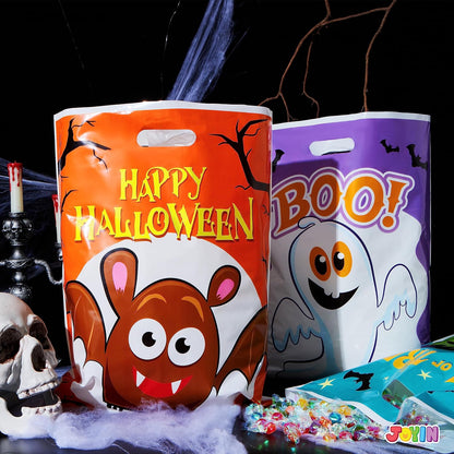 Halloween Candy Bag for Trick or Treat, Halloween Treat Bags with 6 Designed Characters, Halloween Plastic Goodie Gift Bags for Party Favors Party Supplies