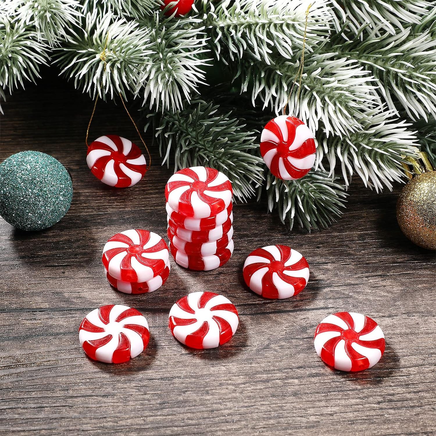 50Pcs Christmas Candy Cane Christmas Tree Hanging Peppermint Ornaments for Holiday Decoration Party Favors 25Mm