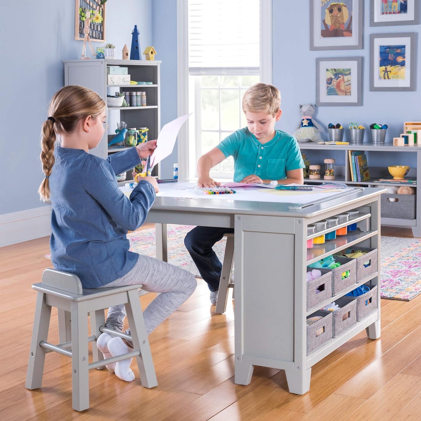 Living and Learning Kids' Art Table and Stool Set - Creamy White: Wooden Drawing and Painting Desk with Paper Roller, Paint Cups and Removable Craft Supplies Storage Bins