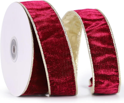 Burgundy Velvet Ribbon Wired 1.5" X 10 Yards Burgundy Christmas Wired Ribbon with Gold Backside, Burgundy and Gold Wired Ribbon for Christmas Tree Decorations, Wreaths, Crafts, Gift Wrapping