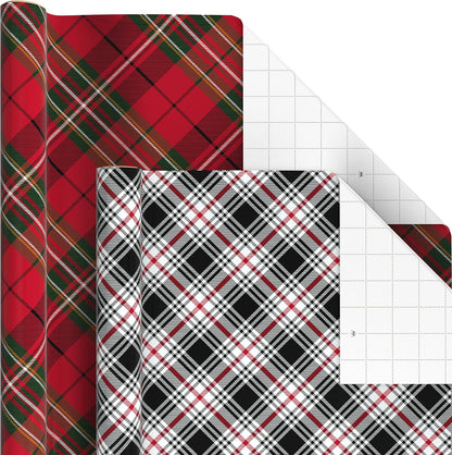 Christmas Wrapping Paper Rolls - Black and Red Buffalo Plaid, Royal Stewart Tartan, Blue, Green (6 Rolls: 180 Sq. Ft. Ttl.) for Holiday Parties, Hanukkah, Winter Weddings