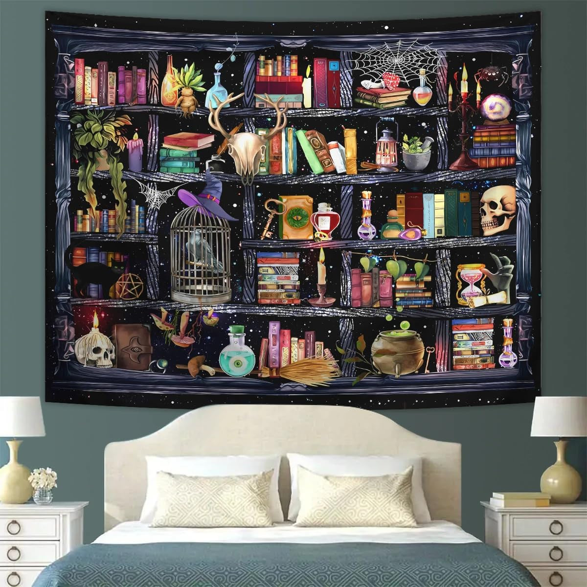 Bookshelf Tapestry Halloween Skull Tapestry Magical Book Tapestries Poster Decor for Room Bedroom Wall Art Decoration College Dorm Decor