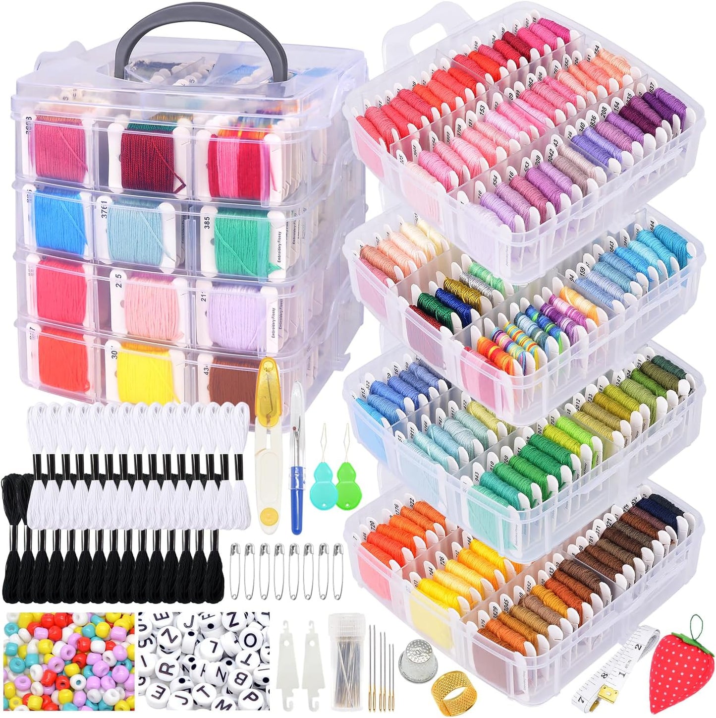 Embroidery Thread Kit Including 200 Skeins Embroidery Floss 30 Skeins White & Black Embroidery Thread Cross Stitch Tool for Friendship Bracelets Arts DIY Crafts with 4-Tier Transparent Box