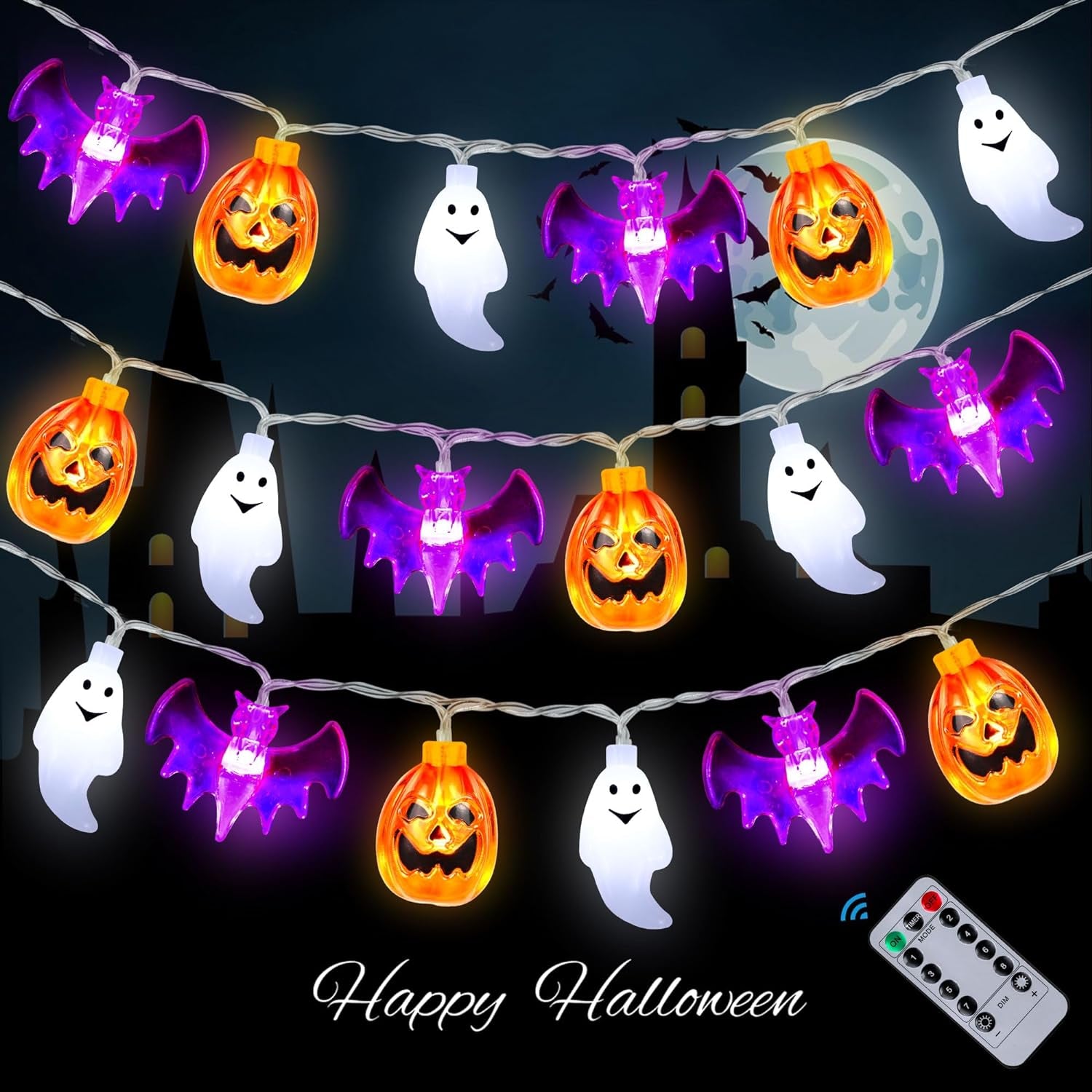 Halloween Lights Decorations Outdoor, 20FT 30 LED 3D Pumpkin Bat Ghost Halloween String Lights Battery Operated with Timer 8 Light Modes Halloween Decorations Outdoor Indoor Home Halloween Party Decor