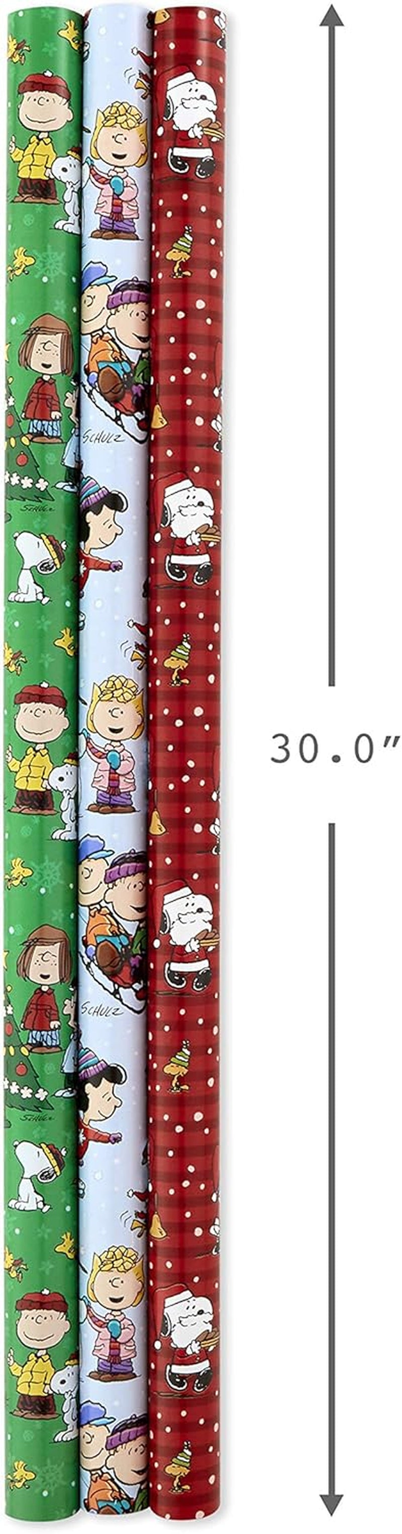 Christmas Peanuts Wrapping Paper with Cut Lines on Reverse (Pack of 3, 105 Sq. Ft. Ttl) Snoopy, Charlie Brown, Woodstock (5JXW1036)