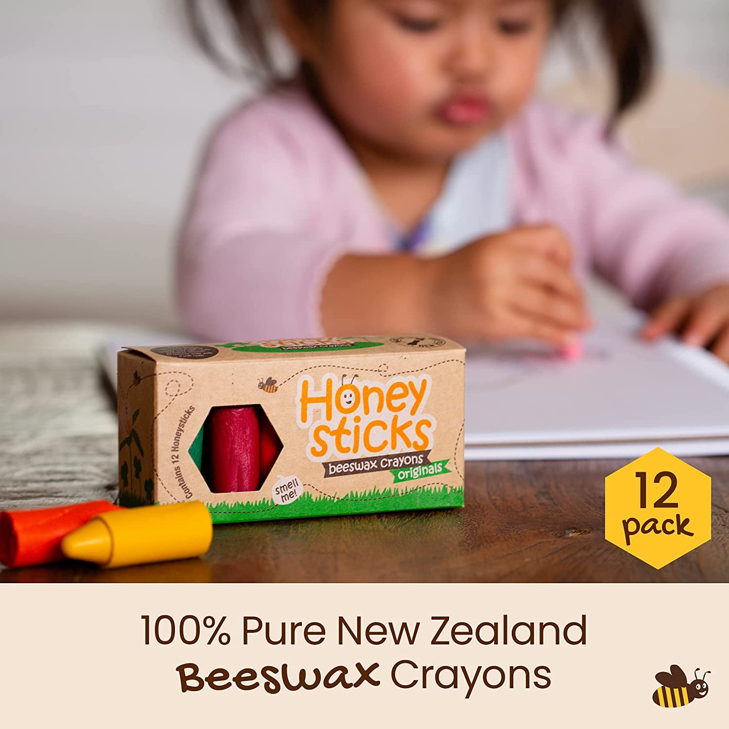 100% Pure Beeswax Crayons (12 Pack) - Non-Toxic Crayons, Safe for Babies and Toddlers, for 1 Year Plus, Handmade in New Zealand with Natural Beeswax and Food-Grade Colors, Eco-Friendly.