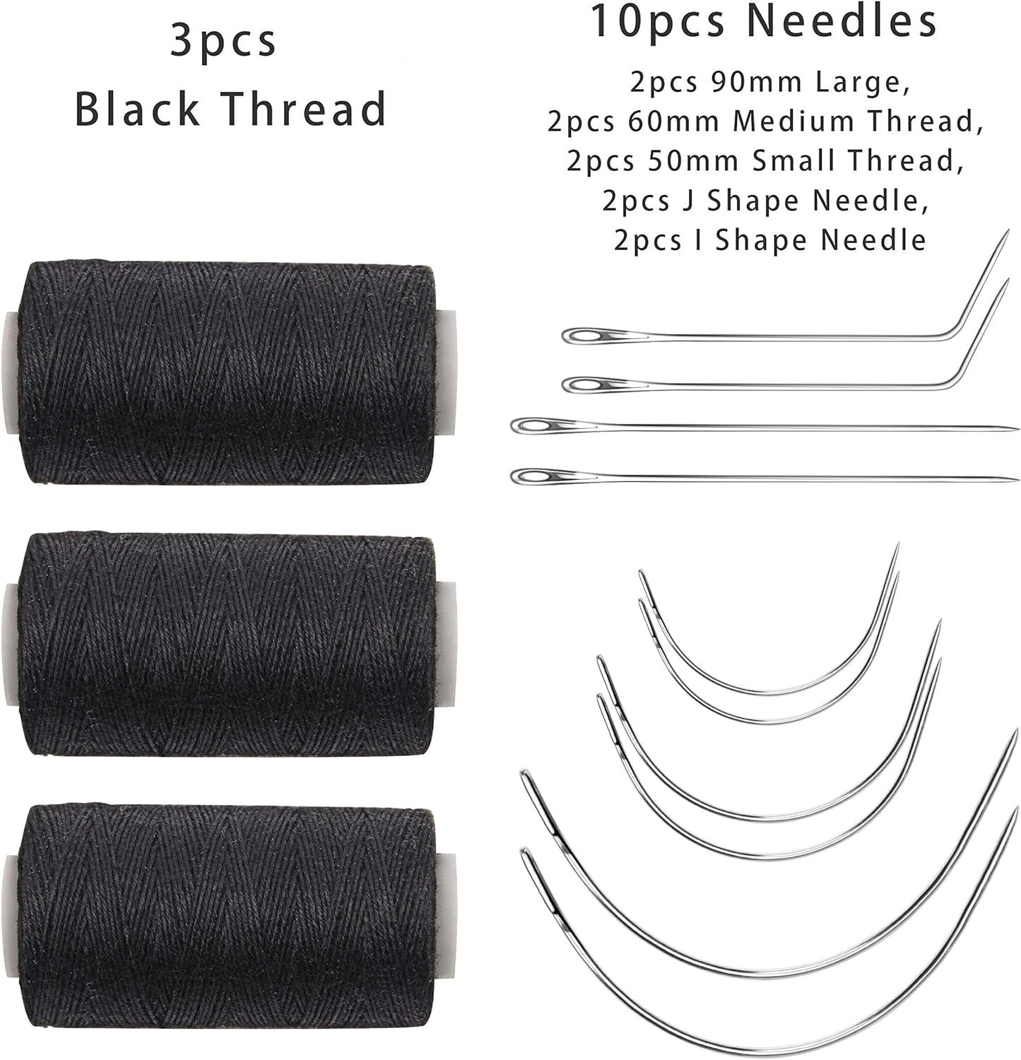 Weaving Needle Combo Deal Black Thread with 10Pcs Needle for Making Wig Sewing Hair Weft Hair Weave Extension, Big Medium and Small C J Shape Curved Needle I Needle (3 Thread Black + 10 Needle)