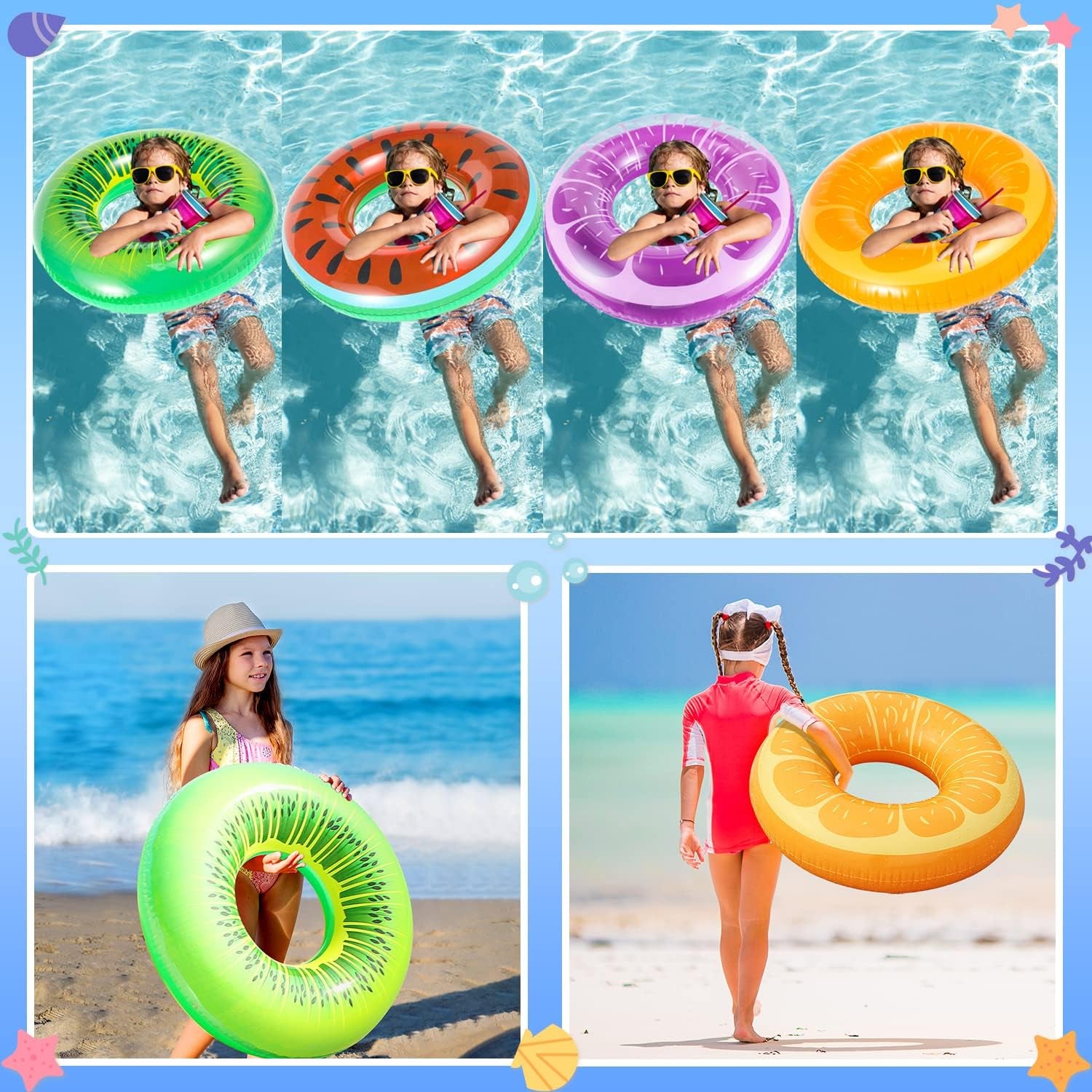 6 Pack Pool Floats Kids, Pool Swim Tubes Rings(4 Pack) - 4Pcs Inflatable Big Floaties Beach Swimming Toys with 2Pcs Beach Balls for Adults Raft Floaties Toddlers