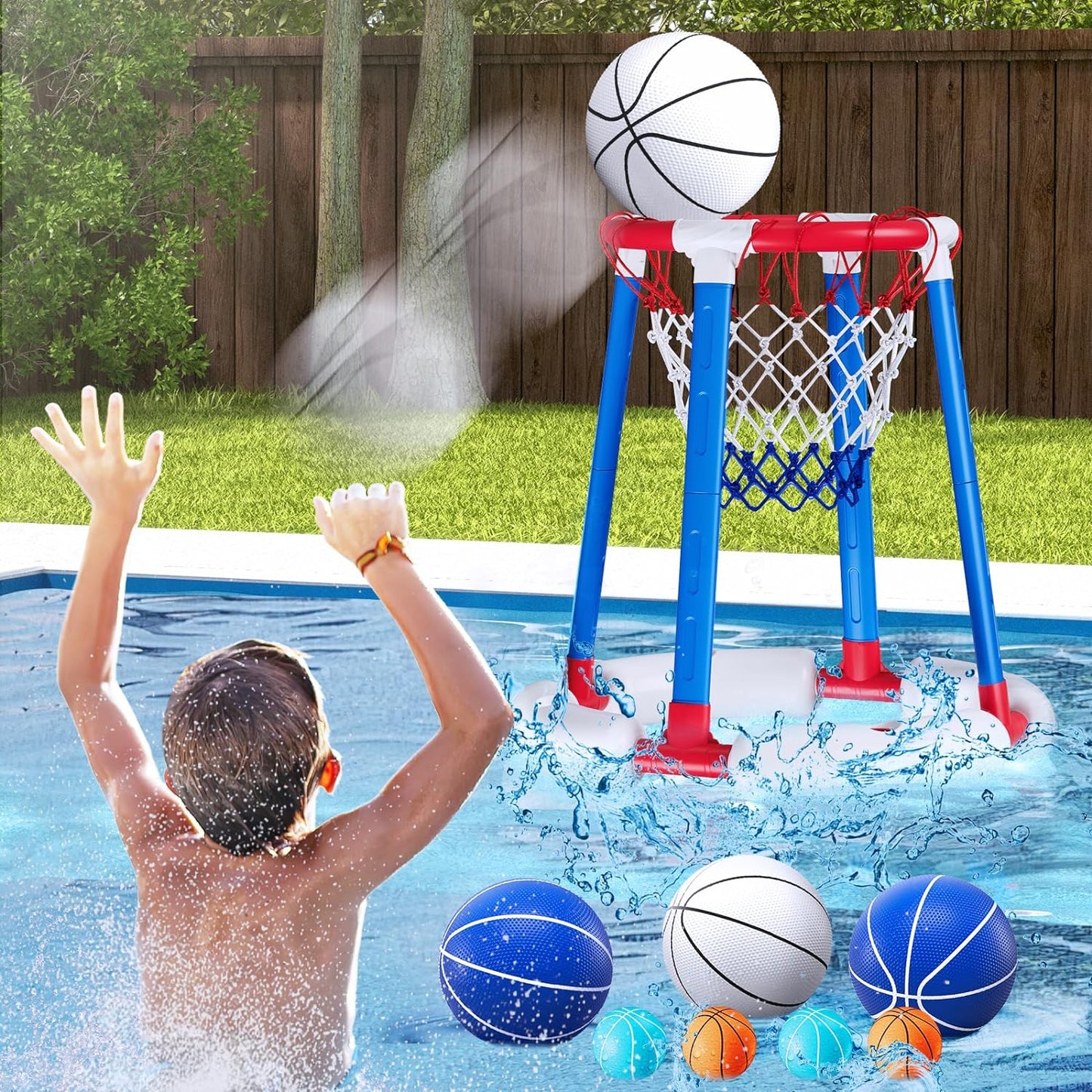 Pool Basketball Hoop Poolside with Backboard, Floating Pool Toys with 4 Basketballs/4 Water Balloons/Pump, Swimming Pool Games for Kids & Adults Indoor Outdoor Play, Red