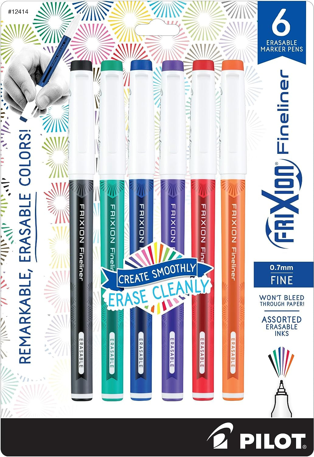 , Frixion Fineliner Erasable Marker Pens, Fine Point 0.7 Mm, Pack of 6, Assorted Colors