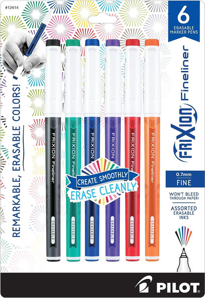 , Frixion Fineliner Erasable Marker Pens, Fine Point 0.7 Mm, Pack of 6, Assorted Colors