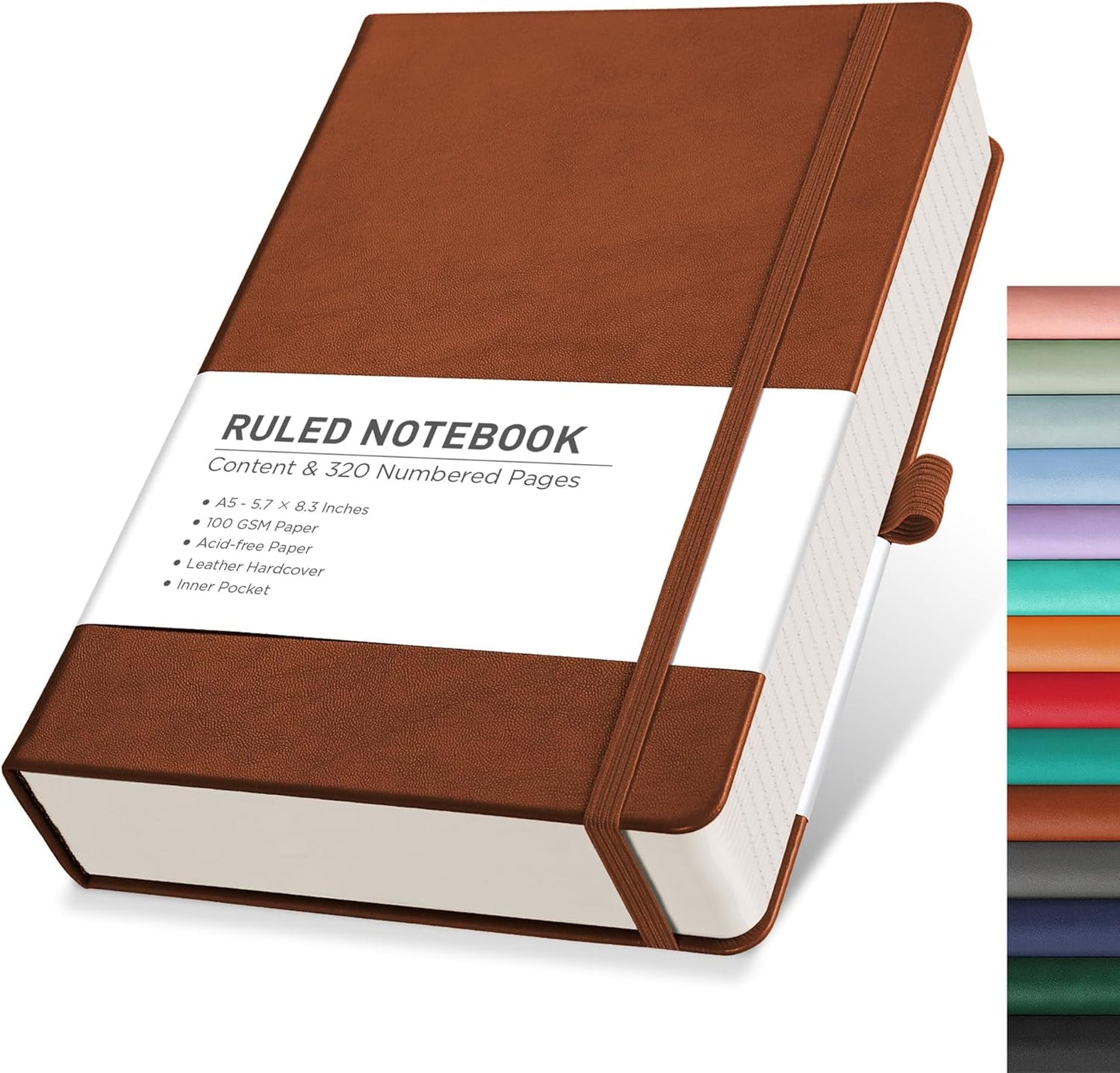 Notebook Journal - A5 College Ruled Notebook with 192 Numbered Pages, Notebook for Work, School, Writing, 100 GSM Acid-Free Paper, Leather Hardcover, Inner Pocket, 5.7'' × 8.3'' (Brown)