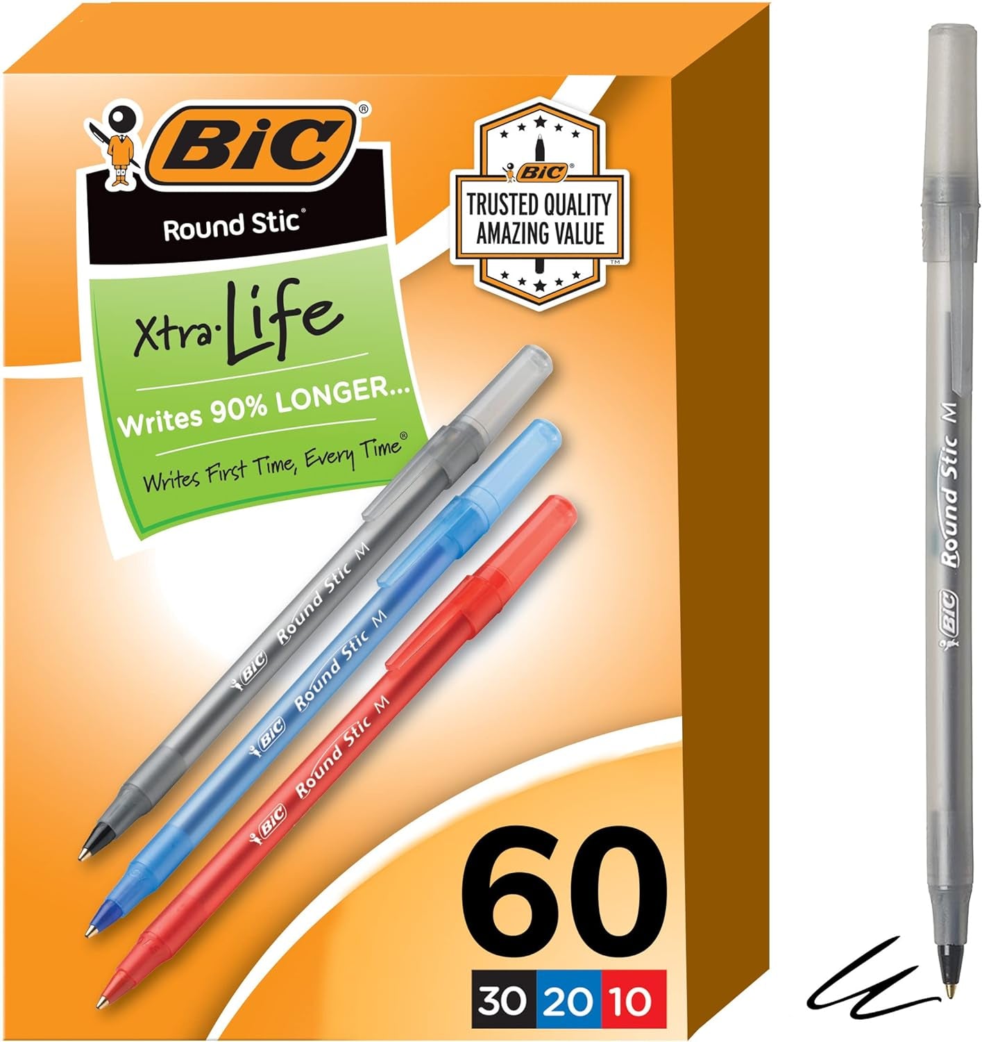 round Stic Xtra Life Assorted Ink Ballpoint Pens, Medium Point (1.0Mm), 60-Count Pack of Bulk Pens, Flexible round Barrel for Comfortable Writing, No. 1 Selling Ballpoint Pens