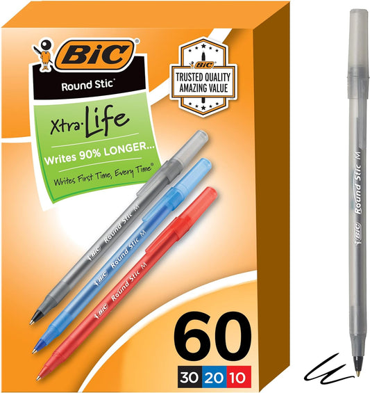 round Stic Xtra Life Assorted Ink Ballpoint Pens, Medium Point (1.0Mm), 60-Count Pack of Bulk Pens, Flexible round Barrel for Comfortable Writing, No. 1 Selling Ballpoint Pens