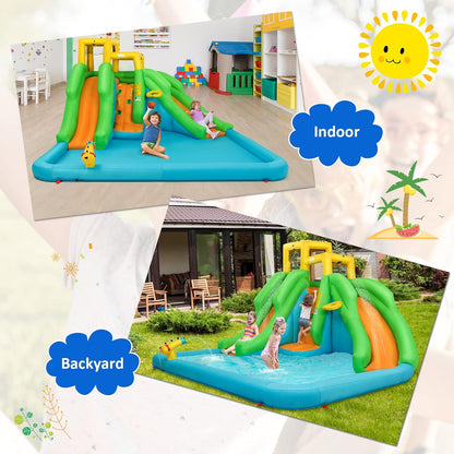 Inflatable Water Slide, 6 in 1 Kids Bouncer Water Park W/Climbing Wall & 2 Long Slides, Splash Pool, Water Cannons, Indoor Outdoor Blow up Water Slides for Backyard(With 480W Blower)