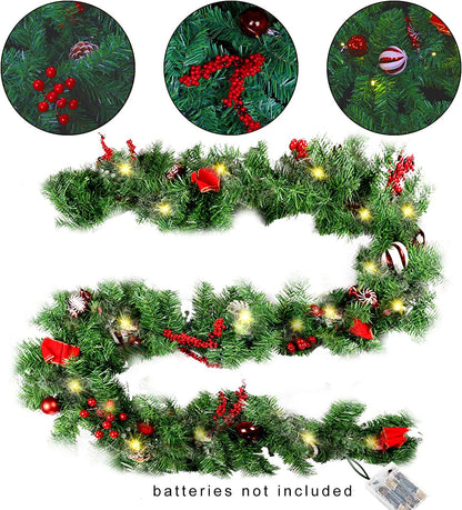 9 FT LED Christmas Garland with Pinecones Red Berries Bows Christmas Balls Candies, Multi-Function Christmas Garland with 50 Warm White LED Lights, 180 Branch Tips