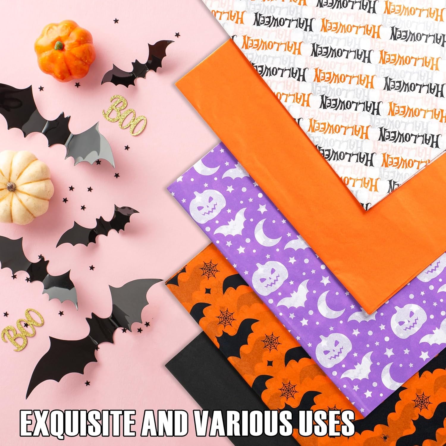 100 Sheets Halloween Tissue Paper for Gift Bags,14"X20" Orange Tissue Paper Party Art Decoration Various Designs