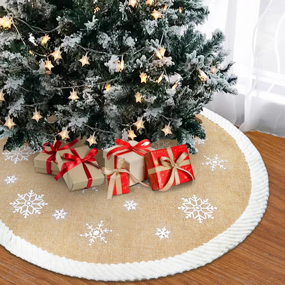 48Inch Christmas Tree Skirt, Burlap Tree Skirt with White Sequin Snowflake Pattern Fur Sides, Farmhouse Christmas Tree Skirts for Xmas Decoration New Year Party Supply