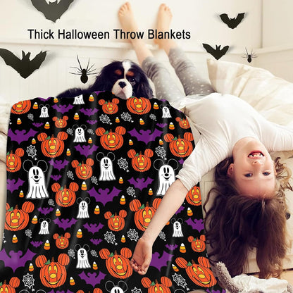 Halloween Throw Blankets, Halloween Jack-O-Lantern Pumpkins Ghost Bat Cartoon Mouse Flannel Blanket Gifts, Soft Cozy Halloween Decorative Bed Throw Blankets 60X50 Inch