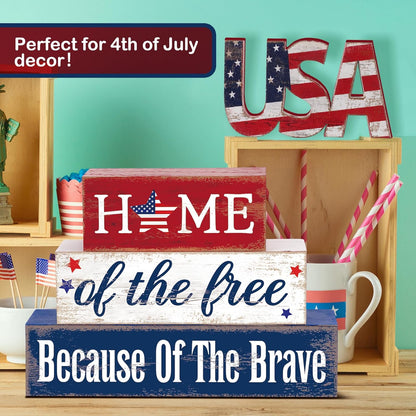4 Pcs Farmhouse 4Th of July Patriotic Table Sign Independence Day Table Wood Decorations Patriotic Themed Rustic Farmhouse Wood Block Sign for Party Home Desk (Stylish)