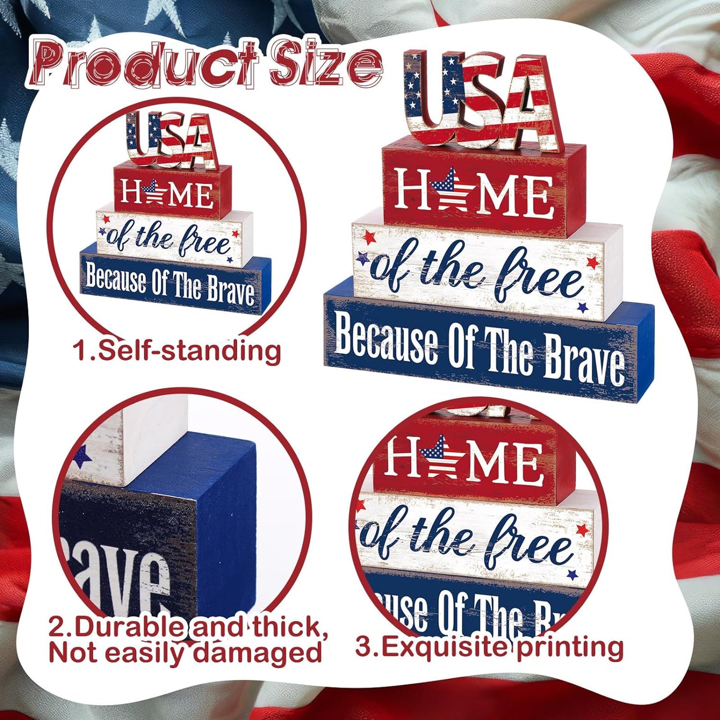 4 Pcs Farmhouse 4Th of July Patriotic Table Sign Independence Day Table Wood Decorations Patriotic Themed Rustic Farmhouse Wood Block Sign for Party Home Desk (Stylish)